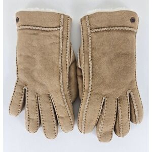 UGG Australia Womens Chestnut Suede Shearling Lined Gloves Tan Sheepskin Fur L